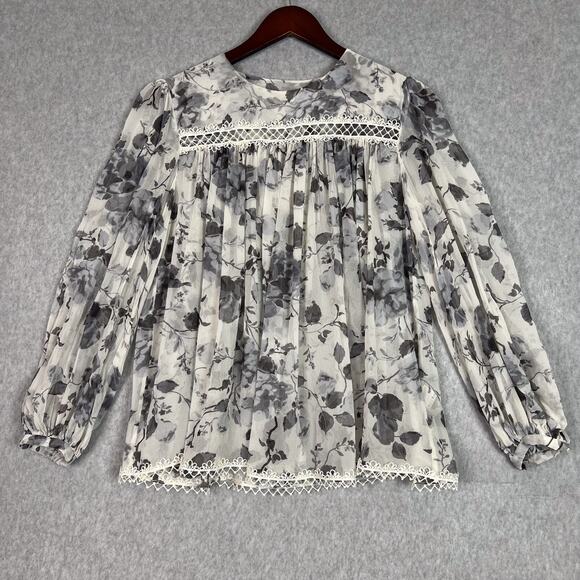 Zimmermann White Grey Floral Havoc Picot Silk Long Sleeve Blouse Size 3 - Picture 2 of 9